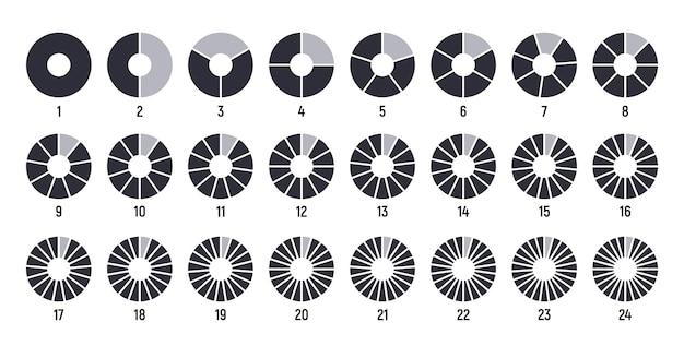 Вектор Круги разделены на части от черной круглой диаграммы для инфографической порции пирога или кусочка пиццы