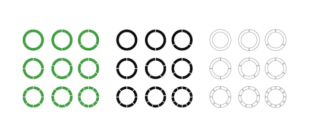 Circoli divisi in segmenti icone vettoriali isolate su sfondo bianco esempi semplici di grafici aziendali