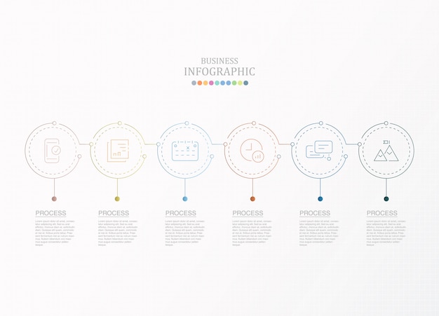 Circles infographic and icons with 6 steps.