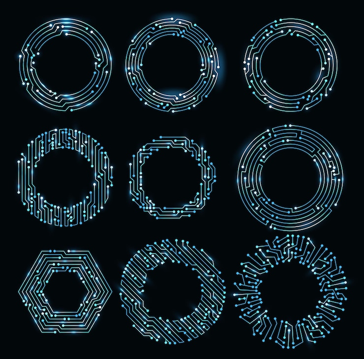 Vector circuit board circle frames abstract digital round frame hardware board and electronic motherboard pattern vector set programming science computer system elements