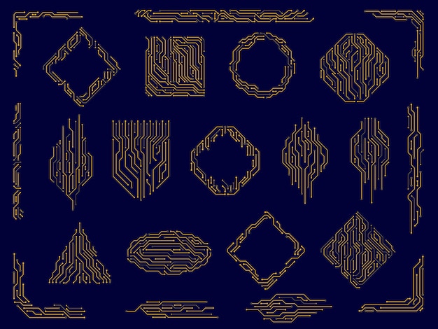 circuit board digital technology dividers energy line corners and tech frame borders vector set
