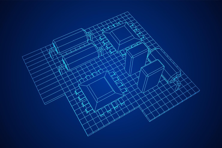 Vector circuit board electronic computer components motherboard wireframe low poly vector illustration