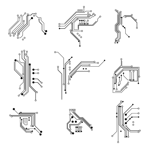 Vector circuit board elements white thin line icon set isolated on a white background vector illustration of graphic design digital electronic element