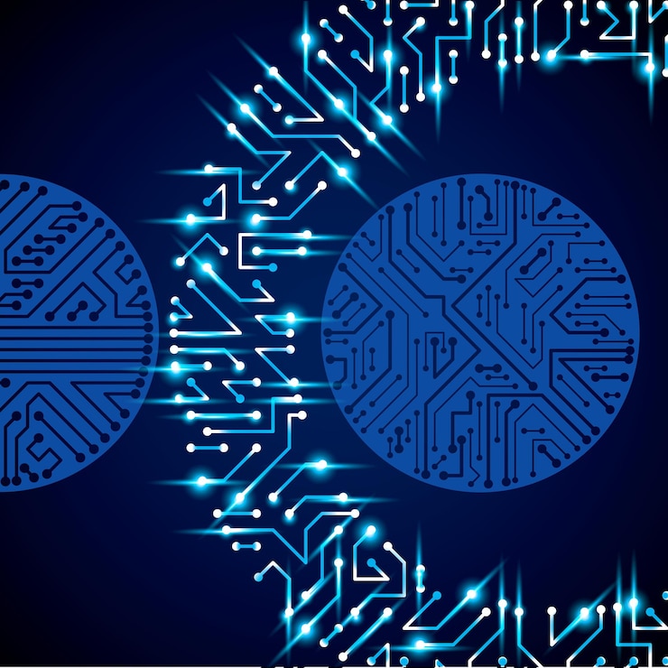 Vector circuit board futuristic cybernetic texture with sparkles, information communication technology vector background with flash effect. computer motherboard web design.