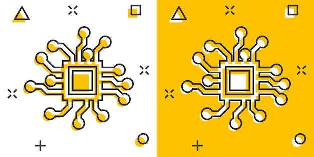 Circuit board icon in comic style Technology microchip vector cartoon illustration pictogram Processor motherboard business concept splash effect