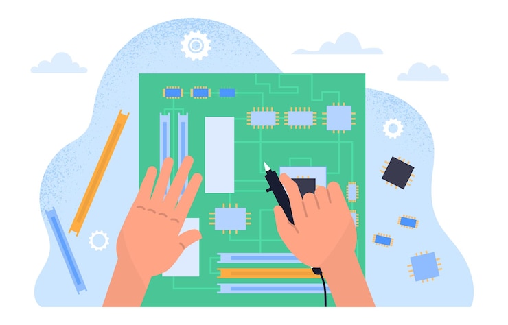 Vector circuit board repair concept repairman fix problesm with computer and pc technian specialist with
