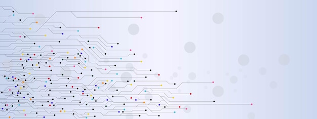 Tecnologia di circuiti stampati con punti colorati sistema elettronico e concetto futuristico di hitech