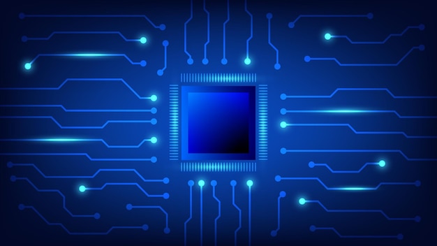 Circuito stampato con chip per computer su sfondo di illuminazione blu. tecnologia e concetto di elemento hi tech