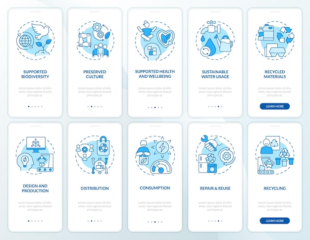 Circulaire economie past blauwe onboarding-schermset voor mobiele apps toe