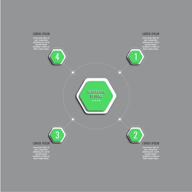 Circulaire infographic sjabloon met vier groene zeshoekige elementen op een grijze achtergrond