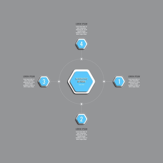 Circulaire infographic sjabloon met vier lichtblauwe zeshoekige elementen op een grijze achtergrond