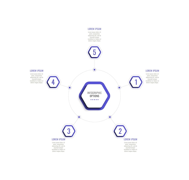 Circulaire zakelijke infographic sjabloon met vijf violette zeshoekige elementen op een witte achtergrond