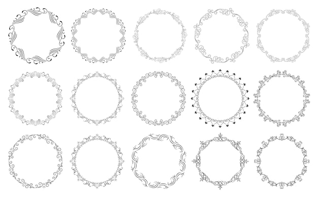 Circulaire zwarte en witte bloemenkransen set van ronde bloemenframes vector frameranden