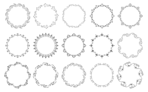 Вектор Круглые черно-белые цветочные венки набор цветочных круглых рамок границы векторной рамки