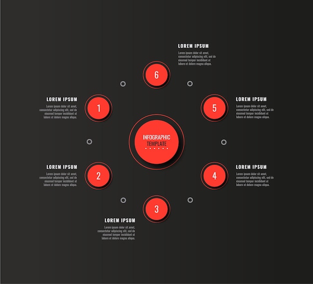 Modello di diagramma infografico aziendale circolare con sei passaggi rotondi rossi su sfondo nero