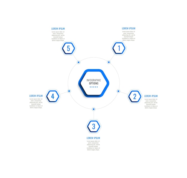 Circular business infographic template with five blue hexagonal elements on a white background