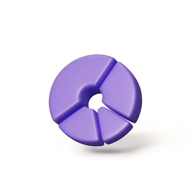 Icona 3d del grafico circolare diagramma circolare diviso in segmenti di colore viola dati infografici