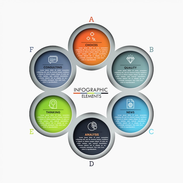 Grafico circolare, 6 elementi rotondi con lettere con icone di linea sottile e caselle di testo all'interno disposte attorno al centro