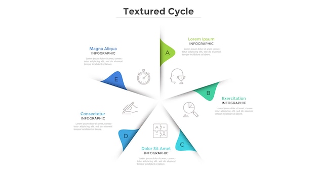 Grafico circolare con 5 settori in carta bianca. concetto di processo aziendale ciclico con cinque fasi o fasi. layout di progettazione infografica minimale. illustrazione vettoriale moderna per presentazione aziendale.