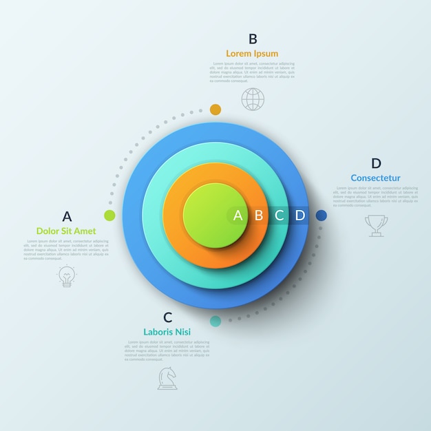 Circular chart with four round elements placed one inside other, thin line symbols and lettered text boxes. concept of four features of business process.