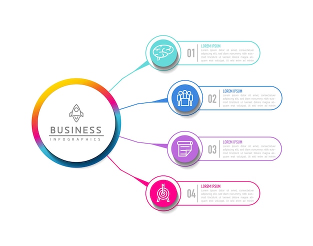 Modello infografico aziendale con passaggi di connessione circolare con 4 elementi