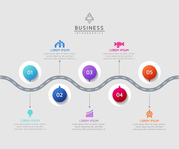 Бизнес-инфографический шаблон circular connection steps с 5 элементами