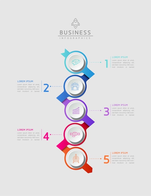 Modello di infografica aziendale con passaggi di connessione circolare con 5 elementi