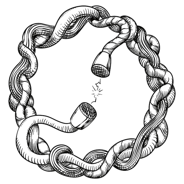 Circular design with intertwined cables close to be connected with sparks due the connection