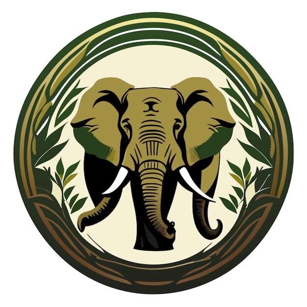 Vettore un disegno circolare con la silhouette di un elefante con zanne dalla parte anteriore con il nome della società