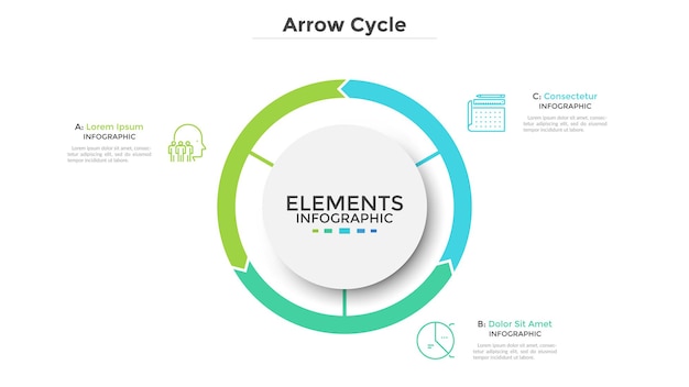 Circular diagram divided into 3 colorful arrow-like parts. Concept of three stages of cyclic process. Simple infographic design template. Flat vector illustration for visualization of business data.