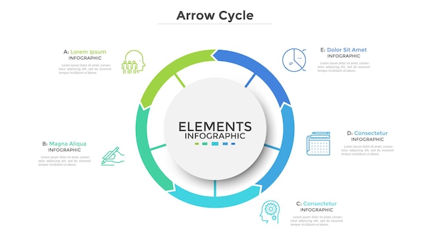 Vector circular diagram divided into 5 colorful arrow-like parts. concept of five stages of cyclic process. simple infographic design template. flat vector illustration for visualization of business data.