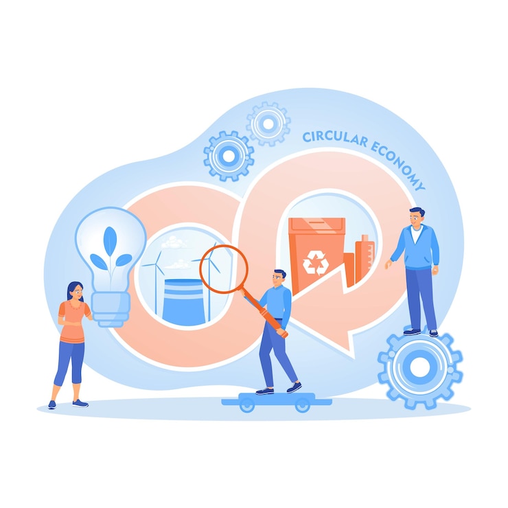 Vector circular economy concept highlighting recycling and renewable energy solutions