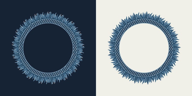 Vector circular frame in denim style with fringe topstitching white dark background vintage style