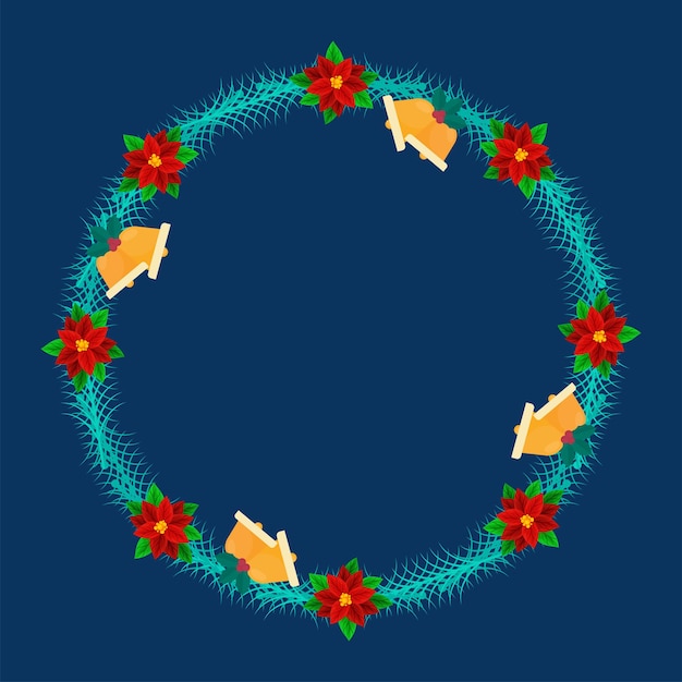 Circular frame made by poinsettia flower, jingle bell, holly berries and fir leaves on blue background with copy space.