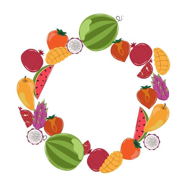 Vector circular frame made of different fruits