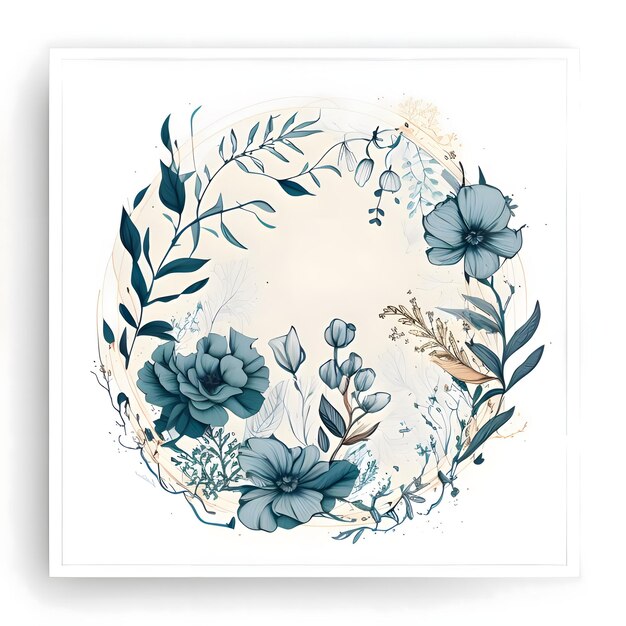 Vector circular frame with colorful flowers and leaves on a white background