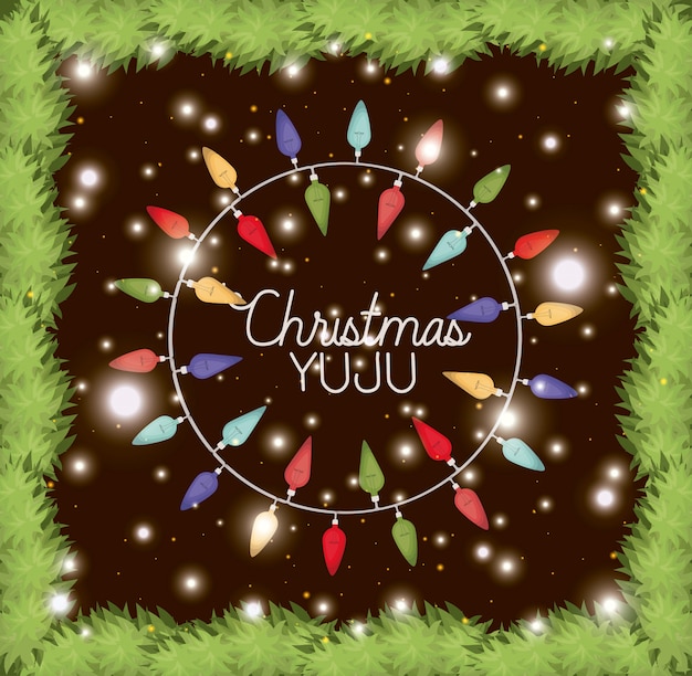 Vector circular frame with garlands and christmas lights