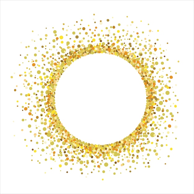 Circular frame with golden confetti on a white background. 