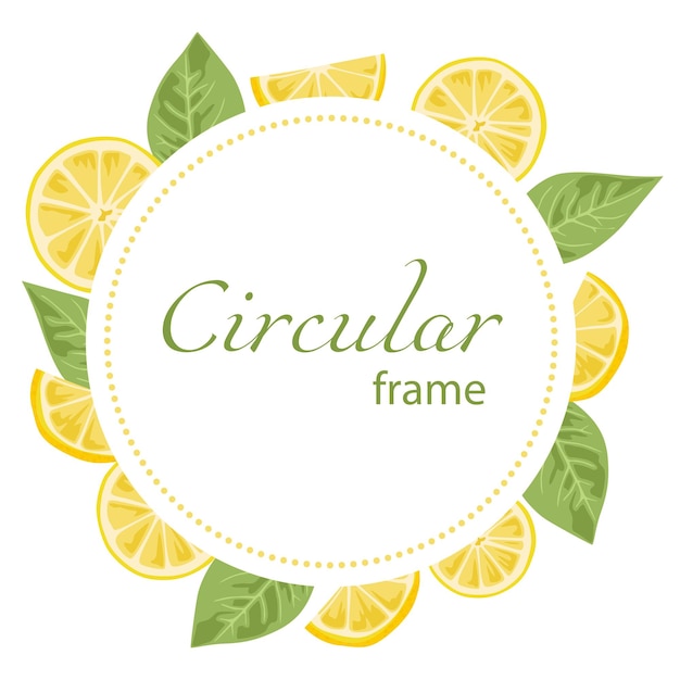 Circular frame with lemons and leaves on a white background Fruits whole and cut in half
