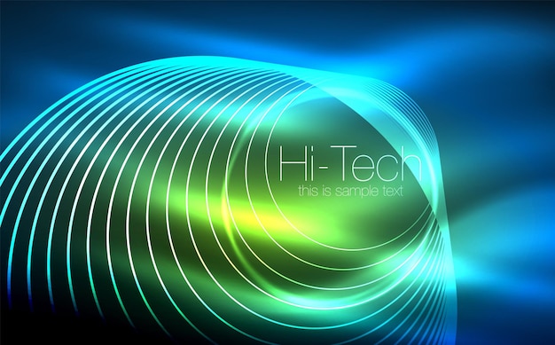 Круговые светящиеся неоновые формы техно-фон абстрактные блестящие прозрачные круги на темном технологическом пространстве светящиеся неоновые круги техно-цифровой фон