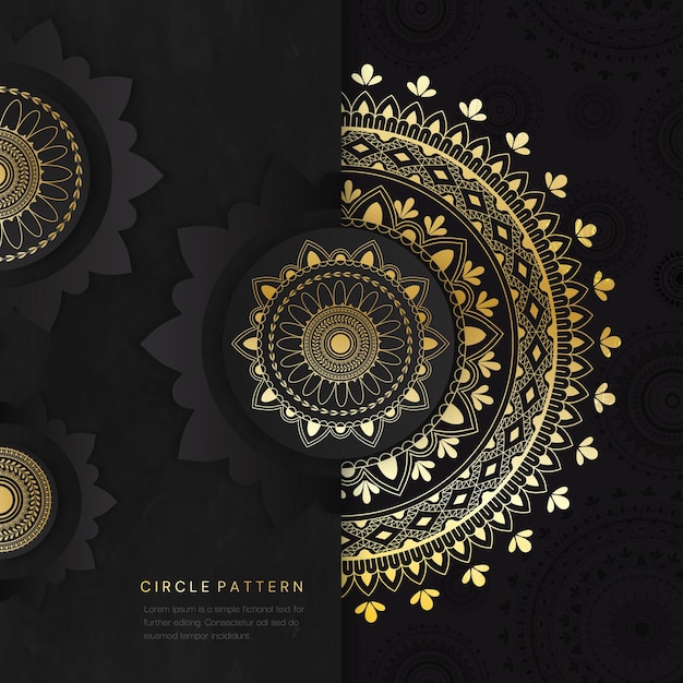 Circular gold on black intricate geometric mandala incorporating religious symbols of the Indian religions with copy space, vector illustration