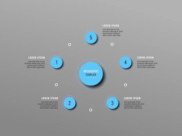 Circular gray business infographic template with five light blue round elements and textboxes