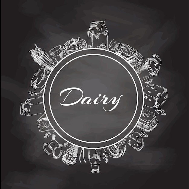 Circular hand drawn frame with dairy produce as vector label for packaging on chalkboard background