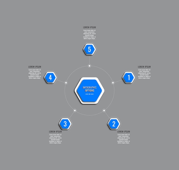 Modello infografico circolare con cinque elementi esagonali blu su sfondo grigio