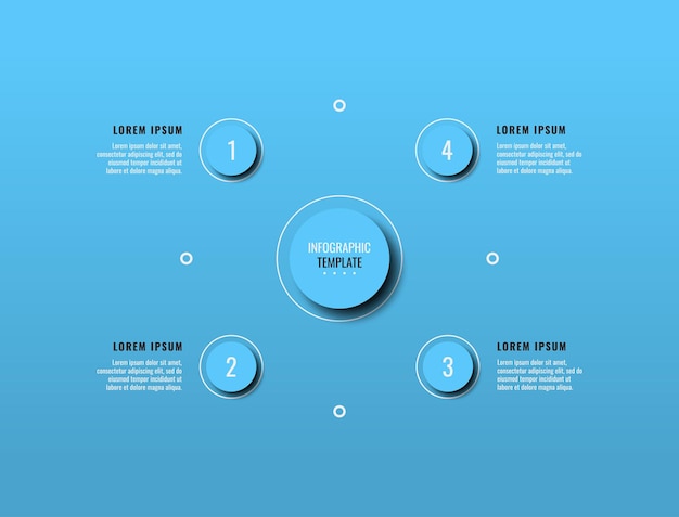 Modello di infografica circolare con quattro elementi rotondi azzurri su sfondo azzurro
