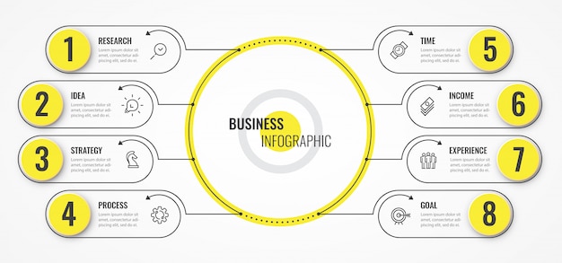 Circular Infographic thin line design template with arrows and 8 options or steps.