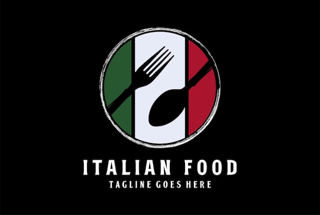 Vettore bandiera italiana circolare con cucchiaio e forchetta per bar ristorante food culinary catering label logo design