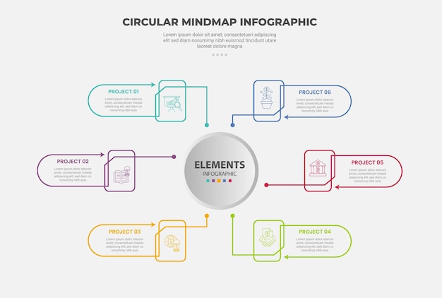 circular mind map infographic outline style with 6 point template with big circle centered with line spreading circular connection for slide presentation