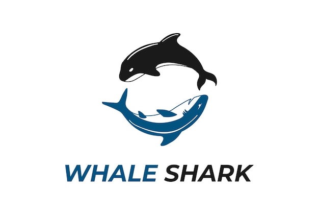 Circular ocean sea orca whale with blue shark battle logo design