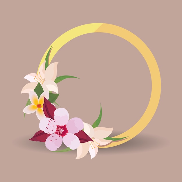 circular ornament of tropical flowers with leaves 